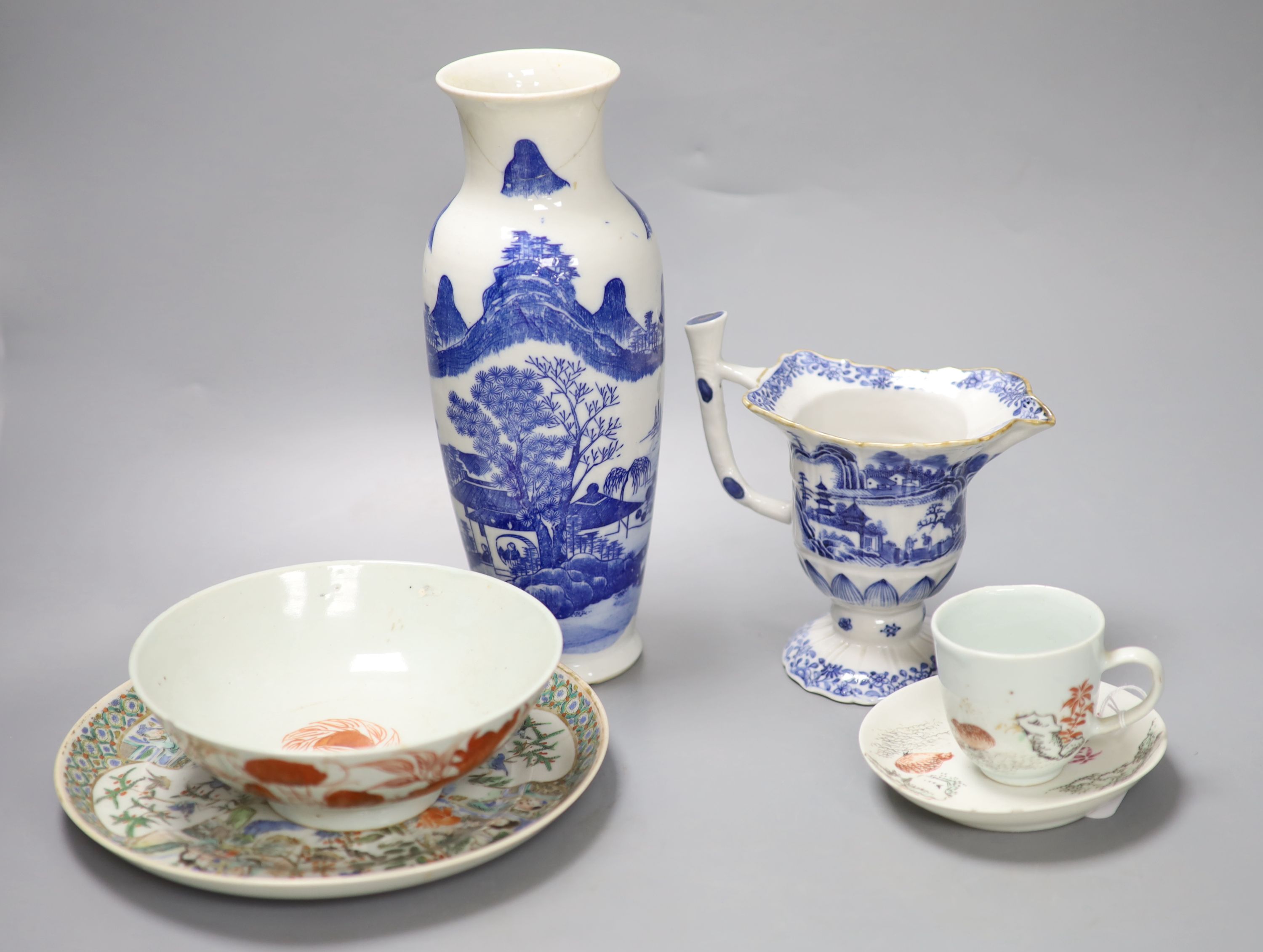 An 18th century Chinese Export blue and white helmet-shaped cream jug and sundry ceramics,